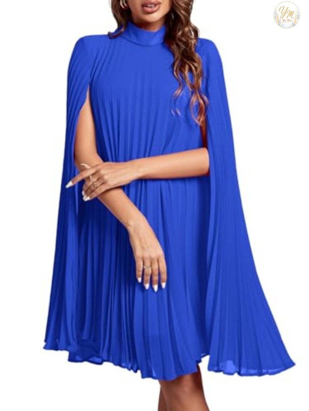 Women's Cloak Sleeve Mock Neck Pleated Midi Dress, Lightweight Flowy Cocktail